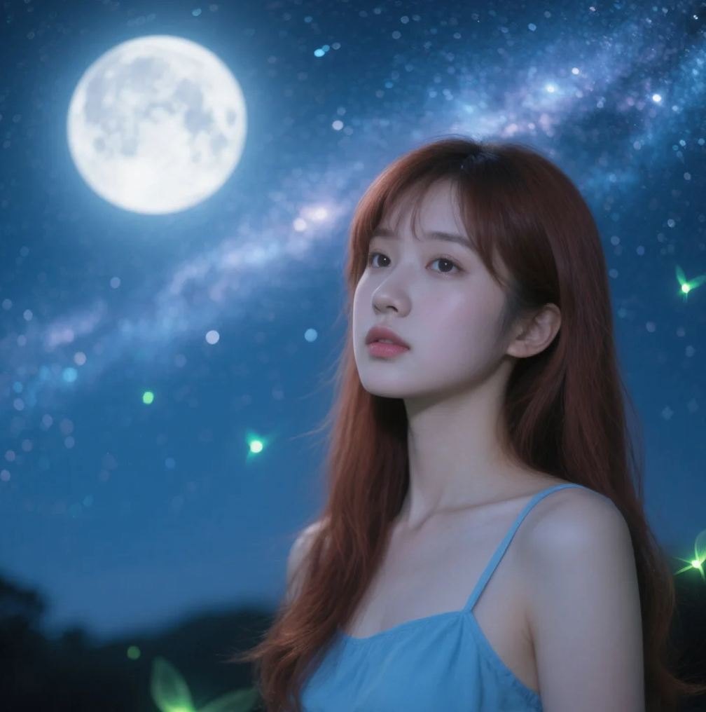 站在静谧的夜晚中，她与星空共同谱写一曲梦幻之歌。