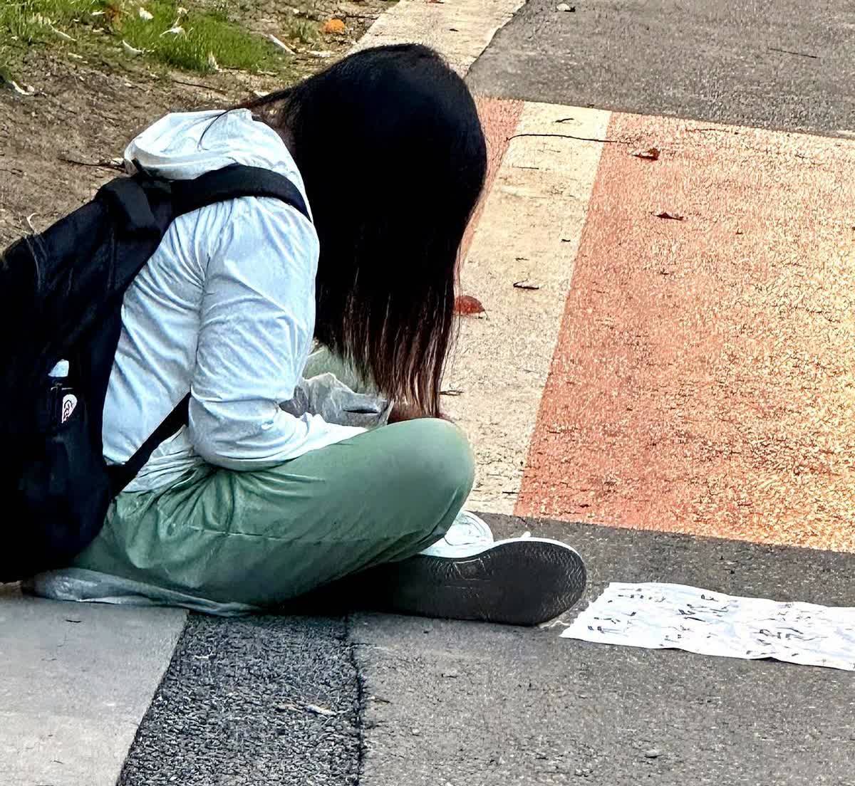 晚饭后和儿子一起去附近的湖边散步，在公园里看见一个小姑娘坐在路边，看样子应该是个