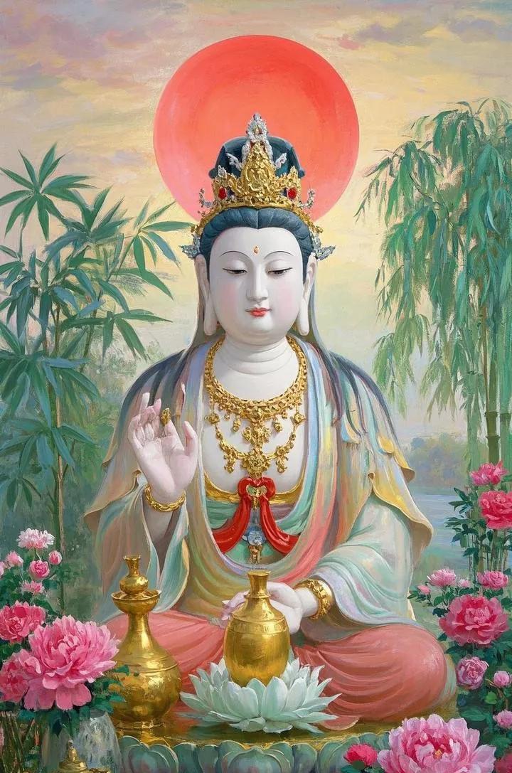 观音听到我的愿，彩衣金身显真颜。
金砖元宝堆满院，玉瓶金葫纳财源。
珍珠翡翠镶宝