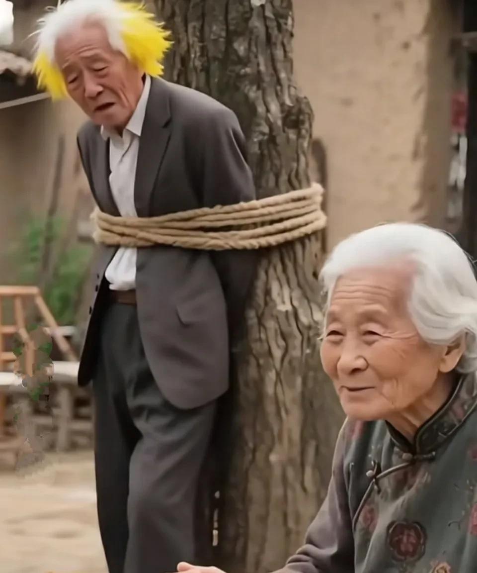 乡下的一位老奶奶，头发花白，笑盈盈的，桌子前摆满一桌饭菜，可是在一边的爷爷被捆绑