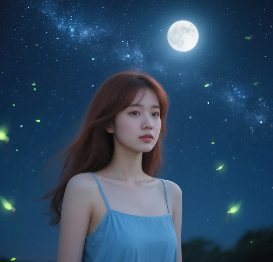 月光洒落在她的肩头，仿佛给她披上了一层银纱。