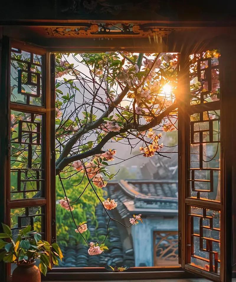 一片朝霞捧日来，
月沉夜尽曙光开。
人声喧闹鸡啼唱，
袅袅炊烟飘过台。
——作者
