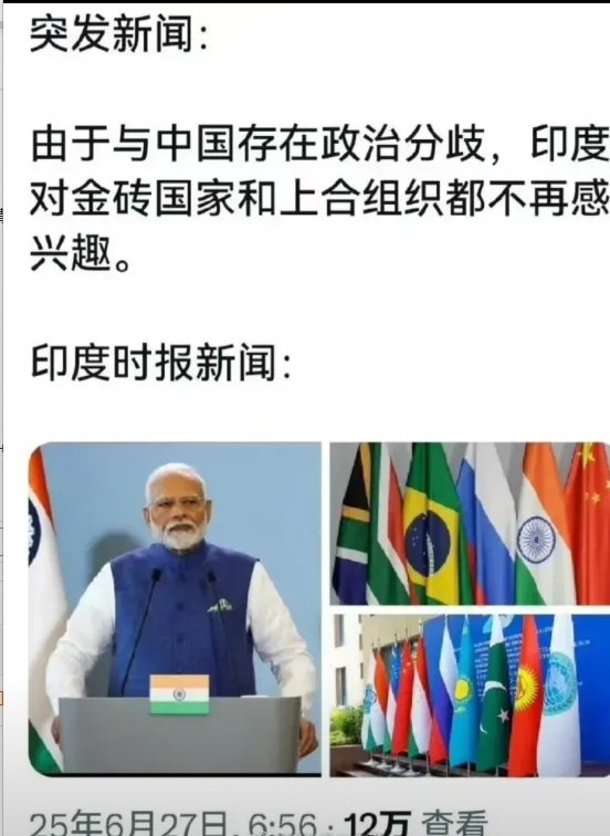 《印度时报》称，由于与中国存在政治分歧，印度对金砖国家和上合组织都不再感兴趣。