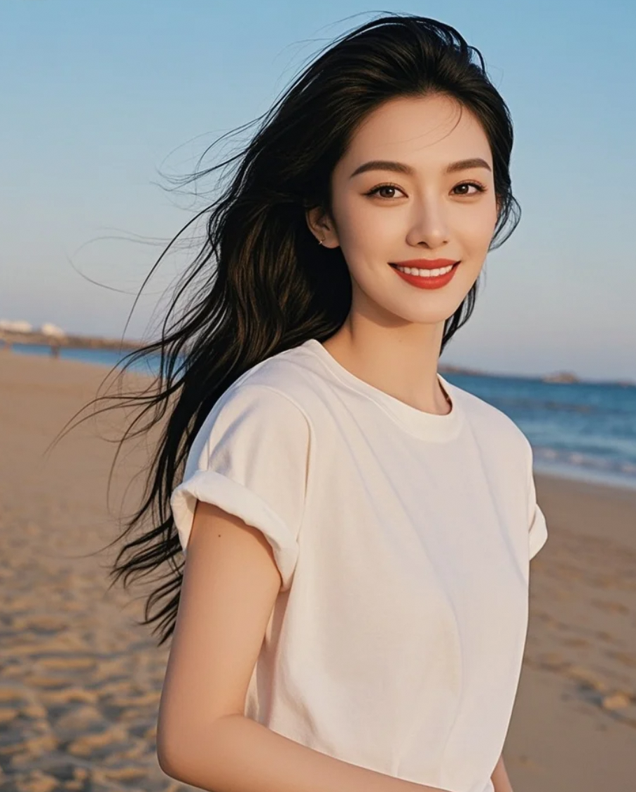 夕阳把她的影子投在湿沙上，长发部分如孔雀开屏般扩散