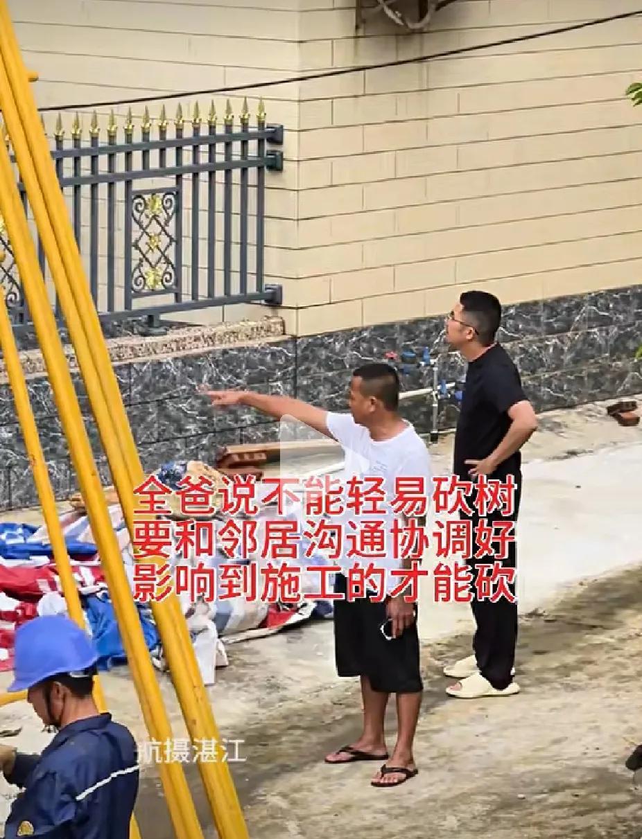 全爸说了，不能轻易砍树，要和邻居沟通协调好，影响到施工的才能砍，为全爸点赞，全爸