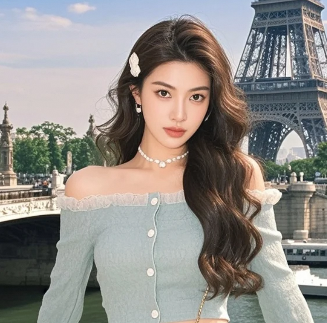 湖光塔影间的她，仿佛是从电影里走出来的女主角。