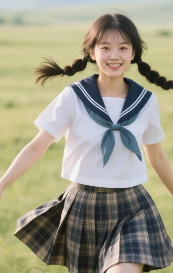 红色野花点缀在她裙边，像一抹不经意的红晕