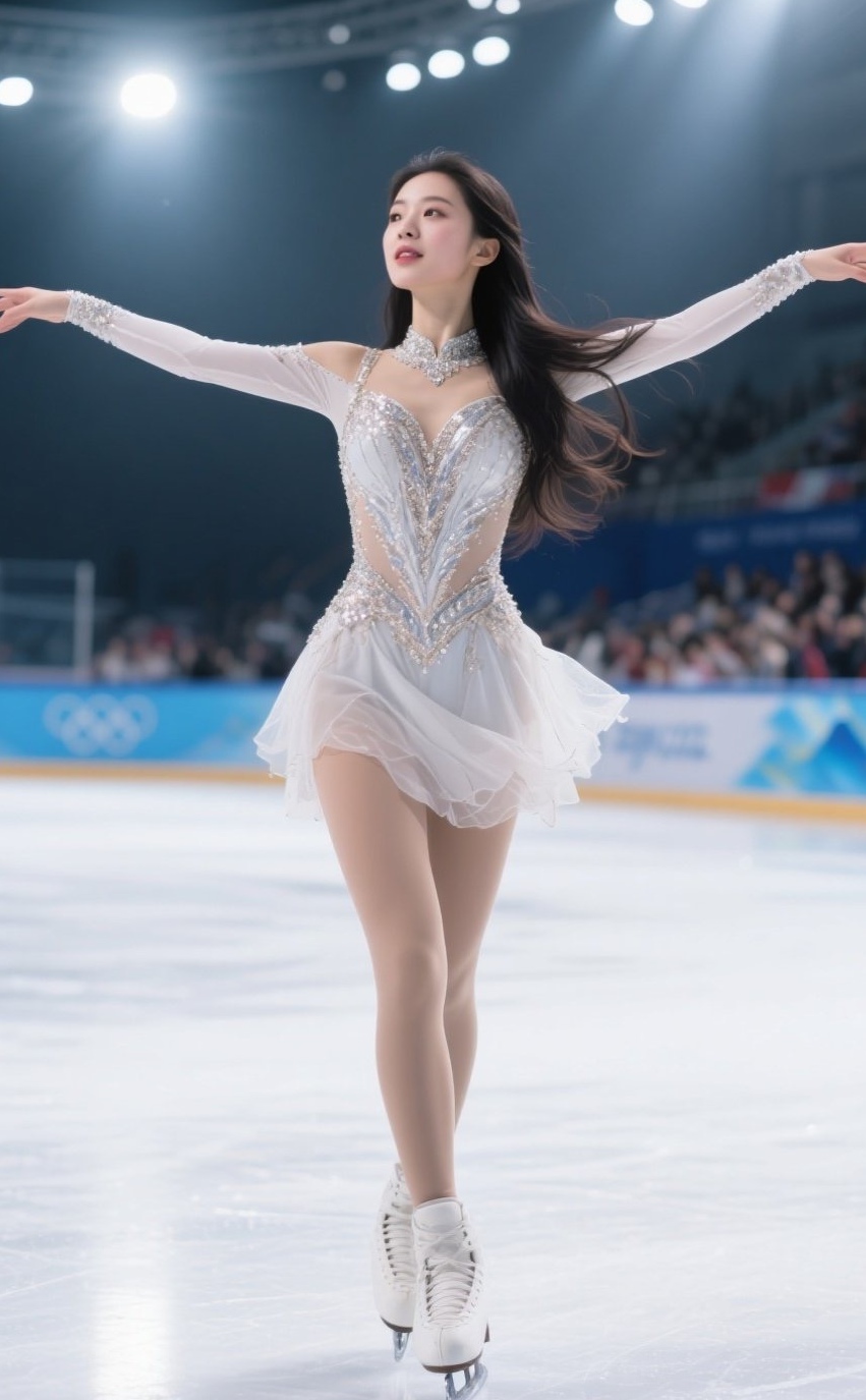 冰上精灵展翅翱翔，光影交织梦幻时刻