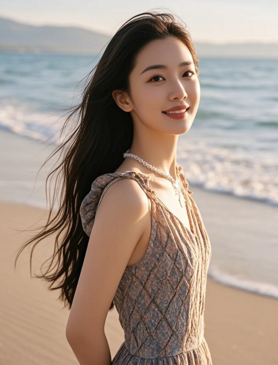 柔和的沙滩色调，映衬出长发女孩的青春与优雅