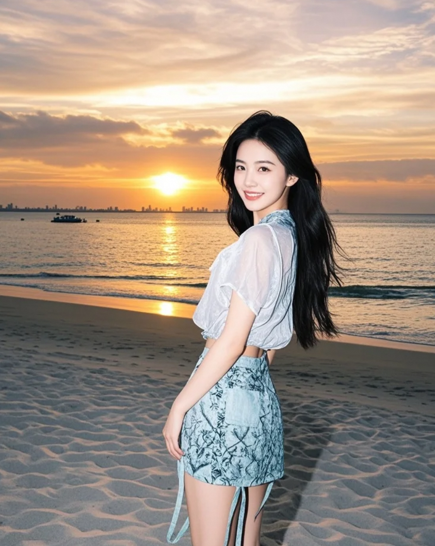 海风轻拂她的长发与脸颊，大牌明星的宁静美动人心弦