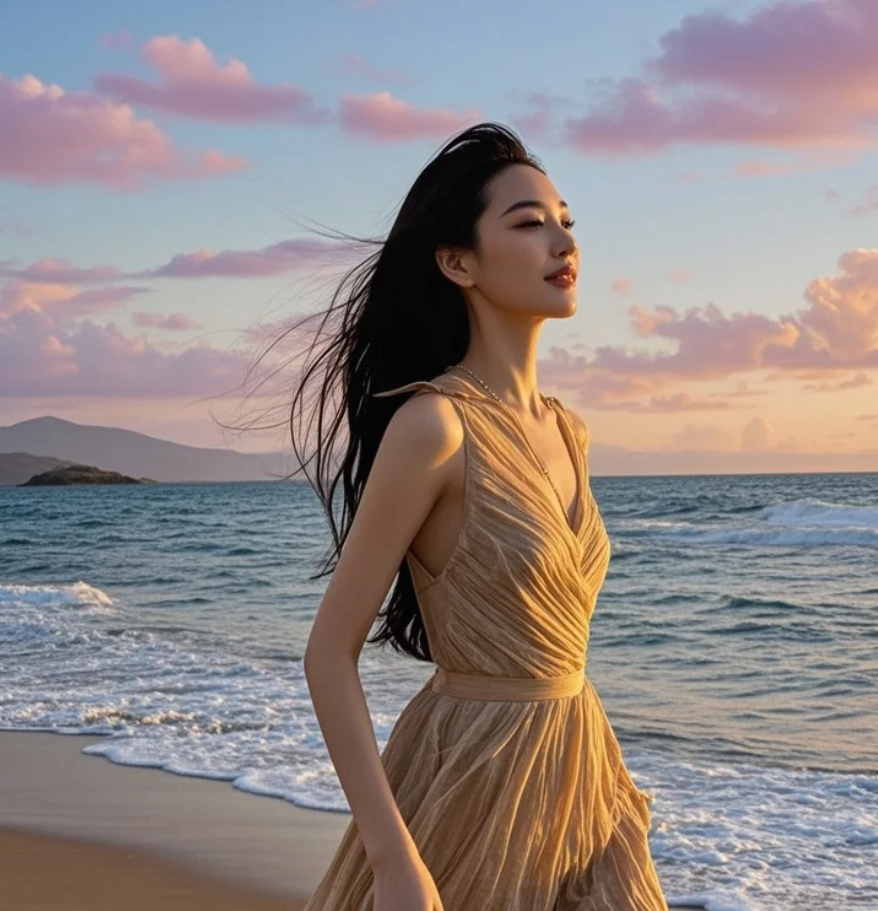 海风是无形的手，梳理着她飘逸的长发