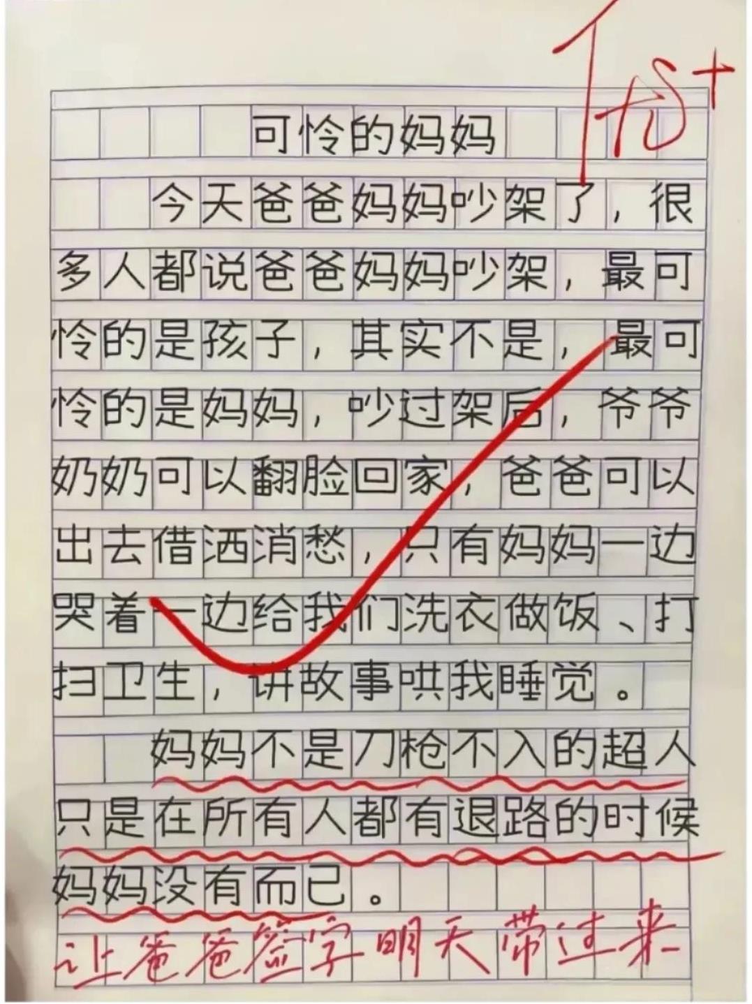 儿子自行命题创作的作文，老师批阅后给了一个大大的“优+”，还特意写下批语，嘱咐儿