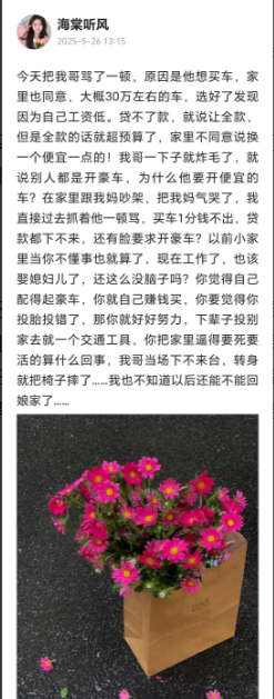 今天把我哥骂了一顿
原因是他想买车，原想30万的车他自己不出首付只还车贷，可是哥