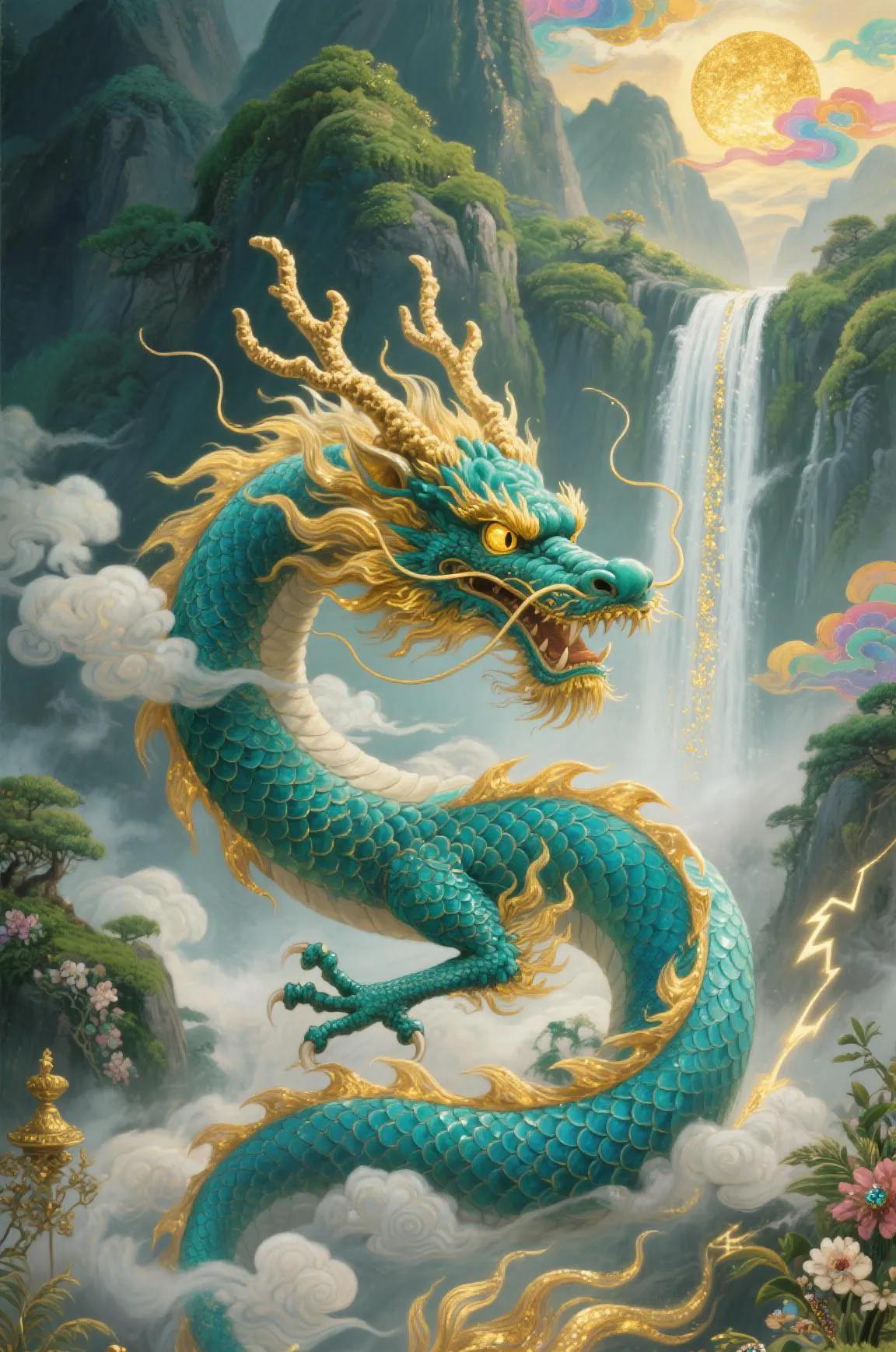 青龙飞舞在东方，木旺春来百花香。青鳞闪耀瑞光降，龙威赫赫镇八方。
金睛炯炯照福路