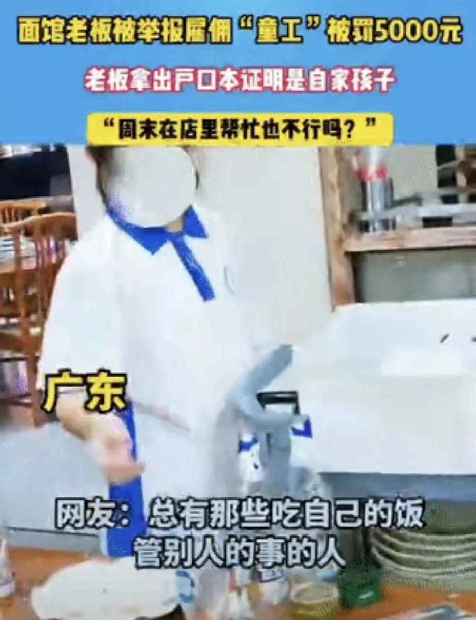 “自家孩子店内帮忙”被罚：举报边界与人性温度需思量
广东一烩面店老板让自家孩子周