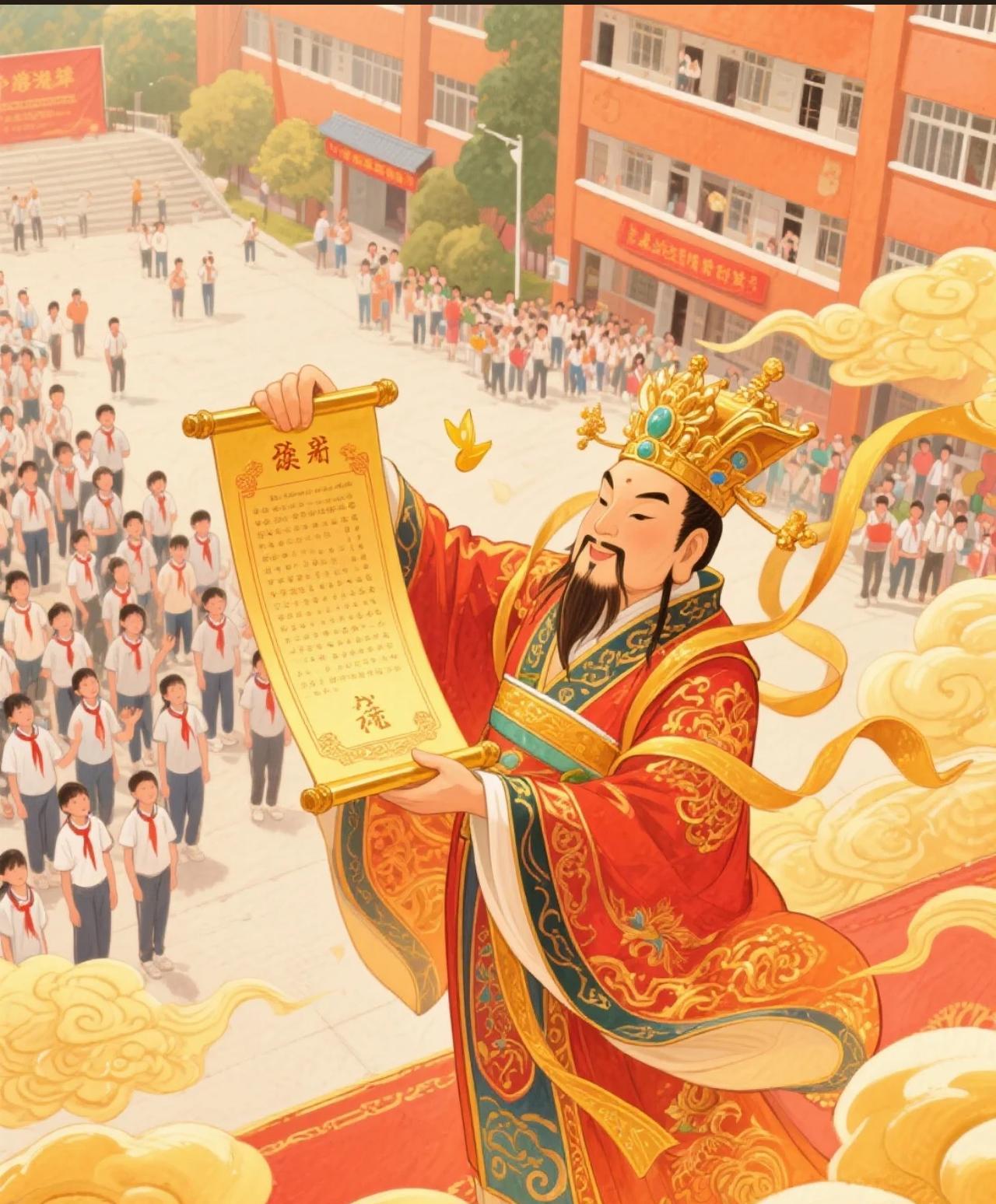 好消息，好消息
玉皇老儿也来给孩子加油打气啦
今朝苦学迎夜灯，
他年折桂步蟾宫。