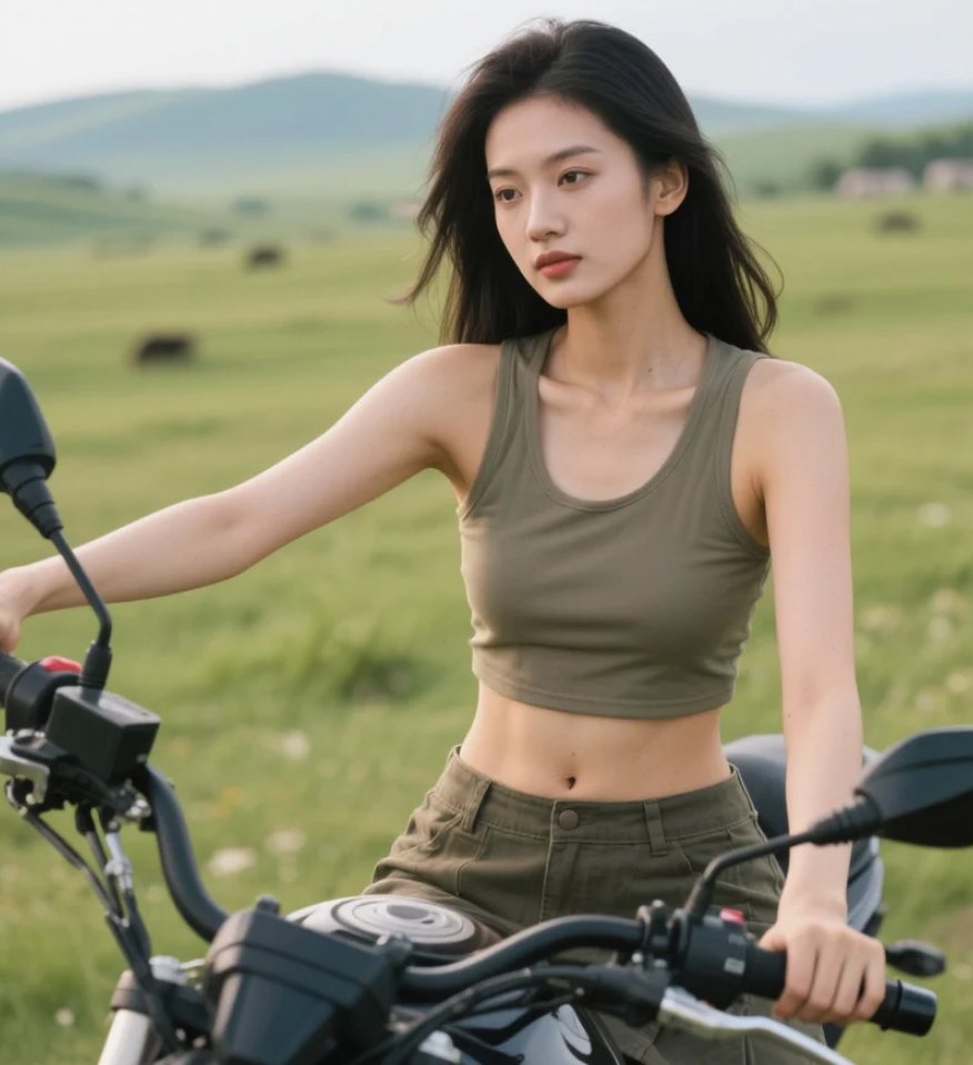 骑摩托途中的亚洲美女，酷感与柔美完美融合