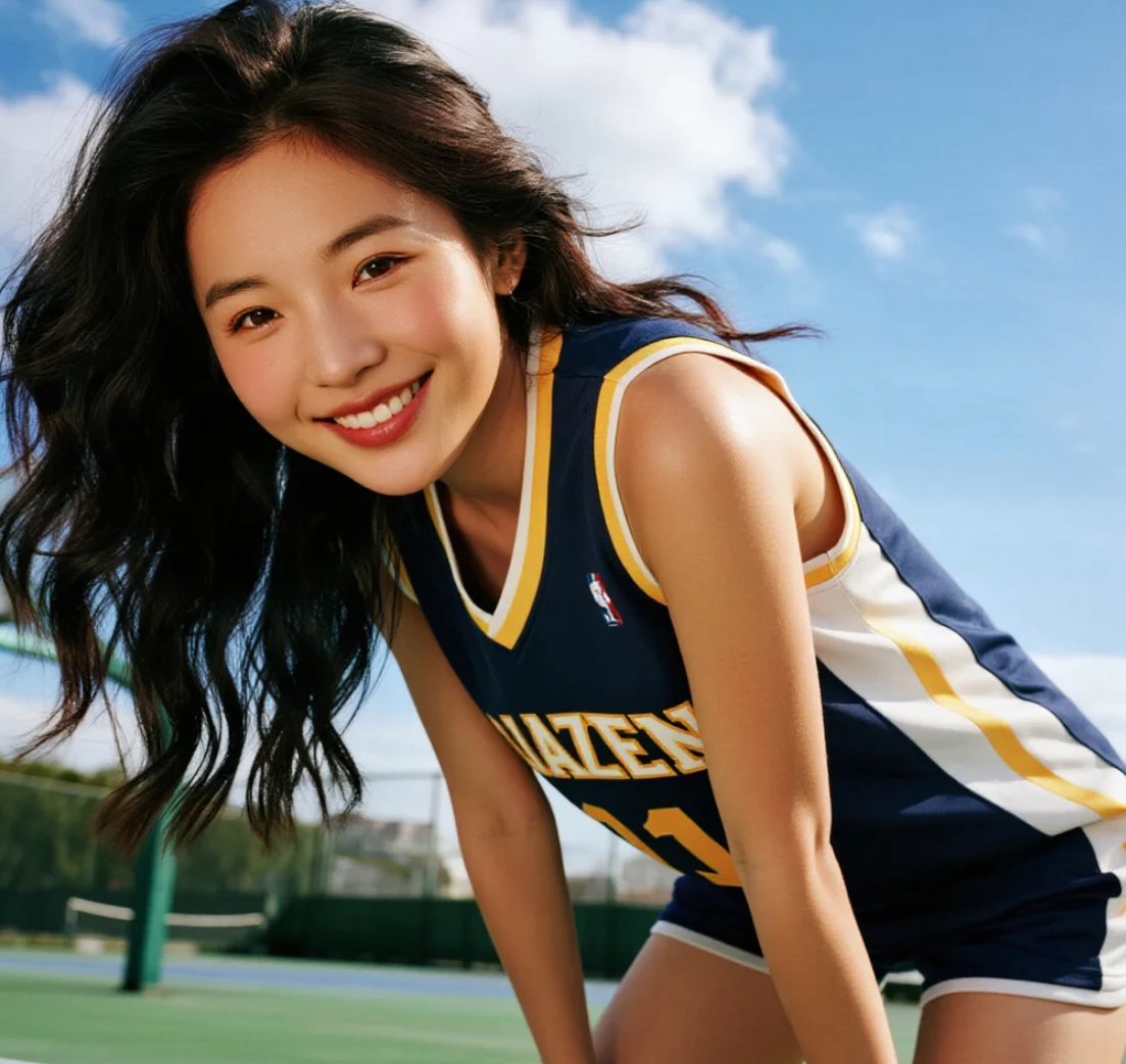 球场边的清凉风景，她穿着宽松篮球服也美得犯规！