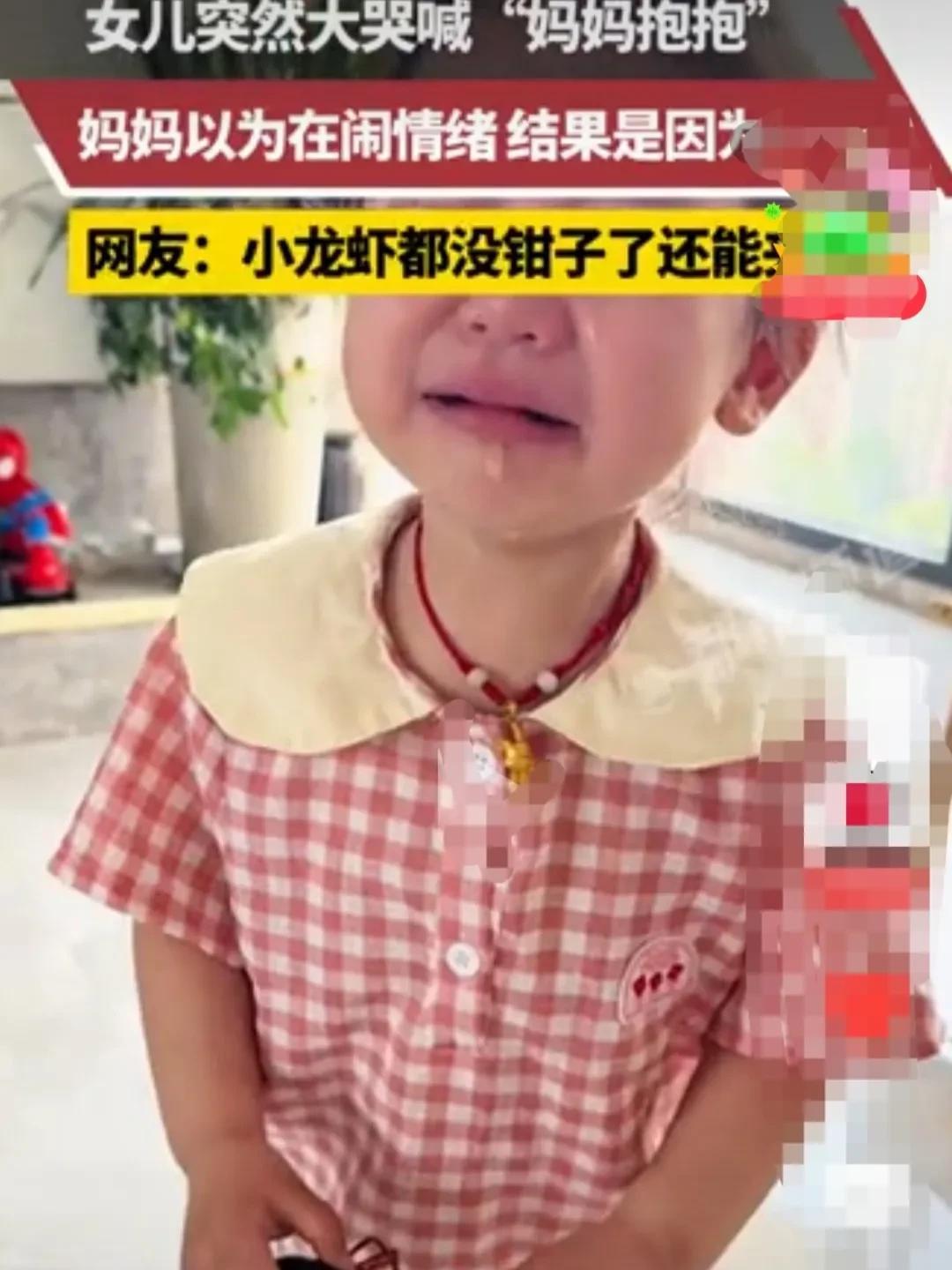 江苏，小姑娘手里拿着一只小龙虾在玩。突然，妈妈听到女儿悲伤的哭泣着，喊着让妈妈抱