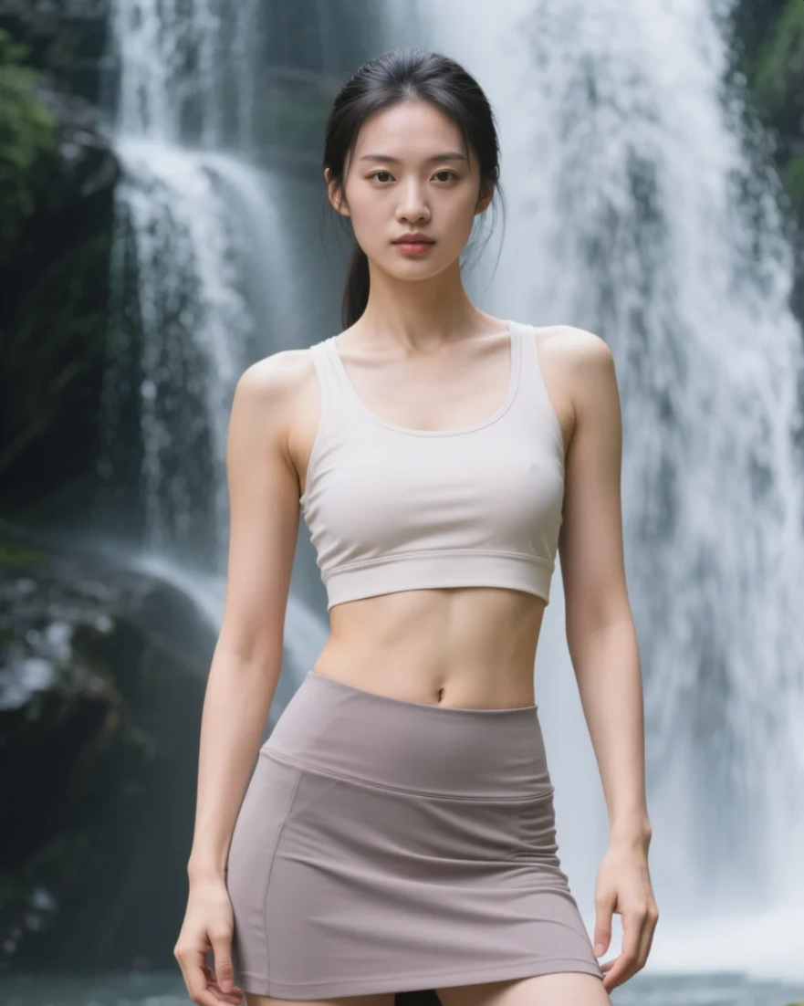  瀑布前的亚洲美女，展现出力与美的完美结合