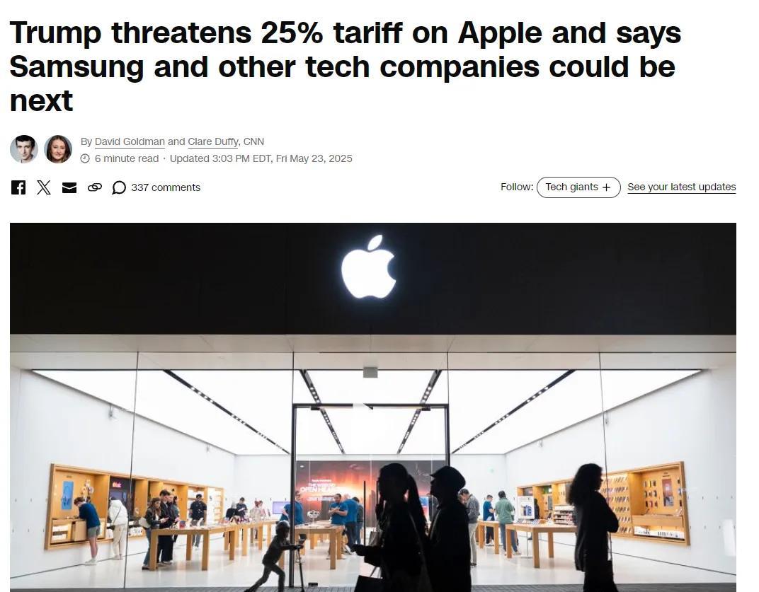 特朗普威胁苹果要对其征收25%关税
周五特朗普在自己推特上强硬表示要求苹果在美国