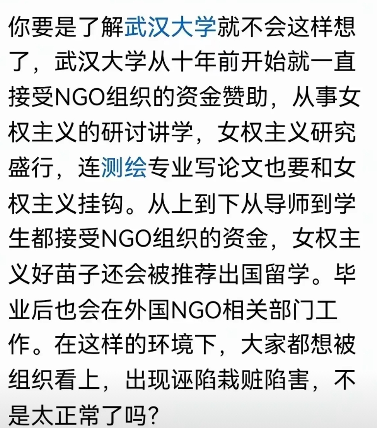 罗马不是一天建成的。
武汉大学今天，躺在舆论的旋涡中原因。
或许是NGO一直资助