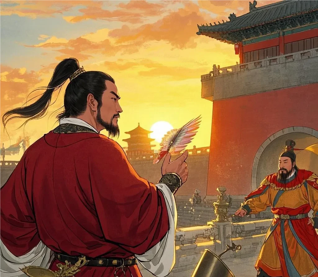 徐茂公奉旨前往午门外监斩秦王李世民。当他走到午门外，就看见李世民身旁多了三个人，