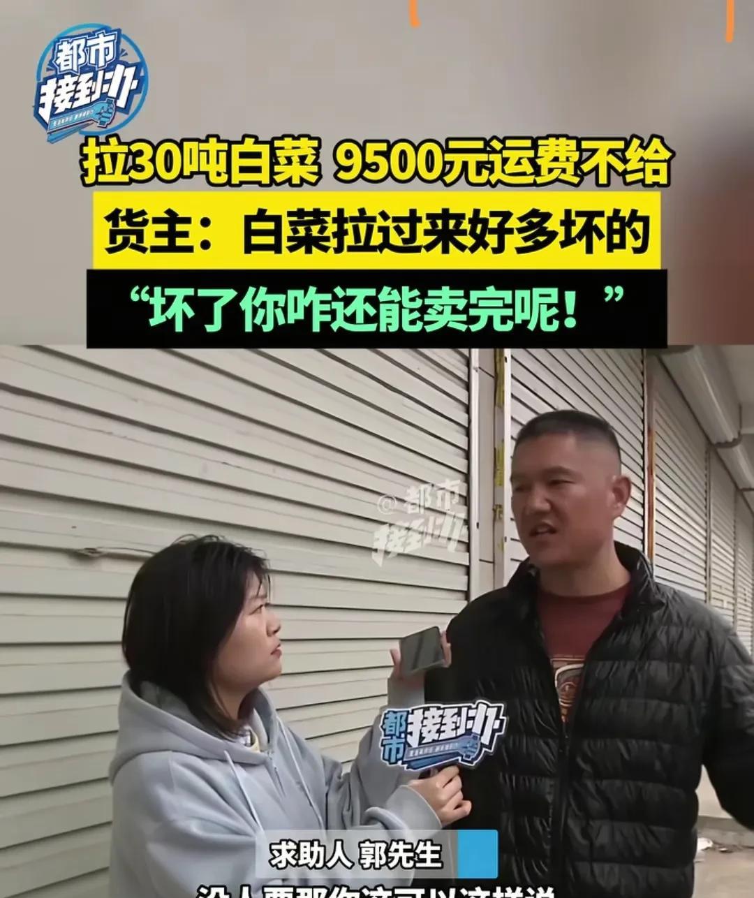 河南通许，男子运了一车30多吨的大白菜，到达货主那里，运费9500元，货主说要卖