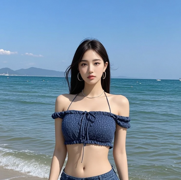 当潮水漫过脚踝，她与海天共舞的柔美弧线