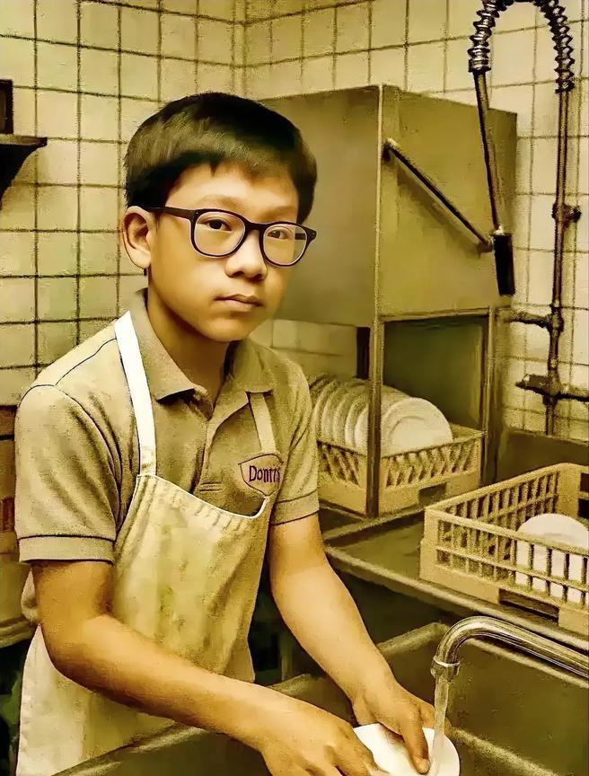 这小孩9岁，这是他在美国饭馆打工洗盘子。
      有人说，三岁看大，七岁看老