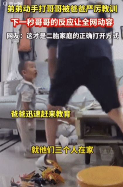 “这碗水端平了！”近日报道，浙江杭州，一男孩坐在沙发旁低头玩耍时，弟弟突然拿着棍