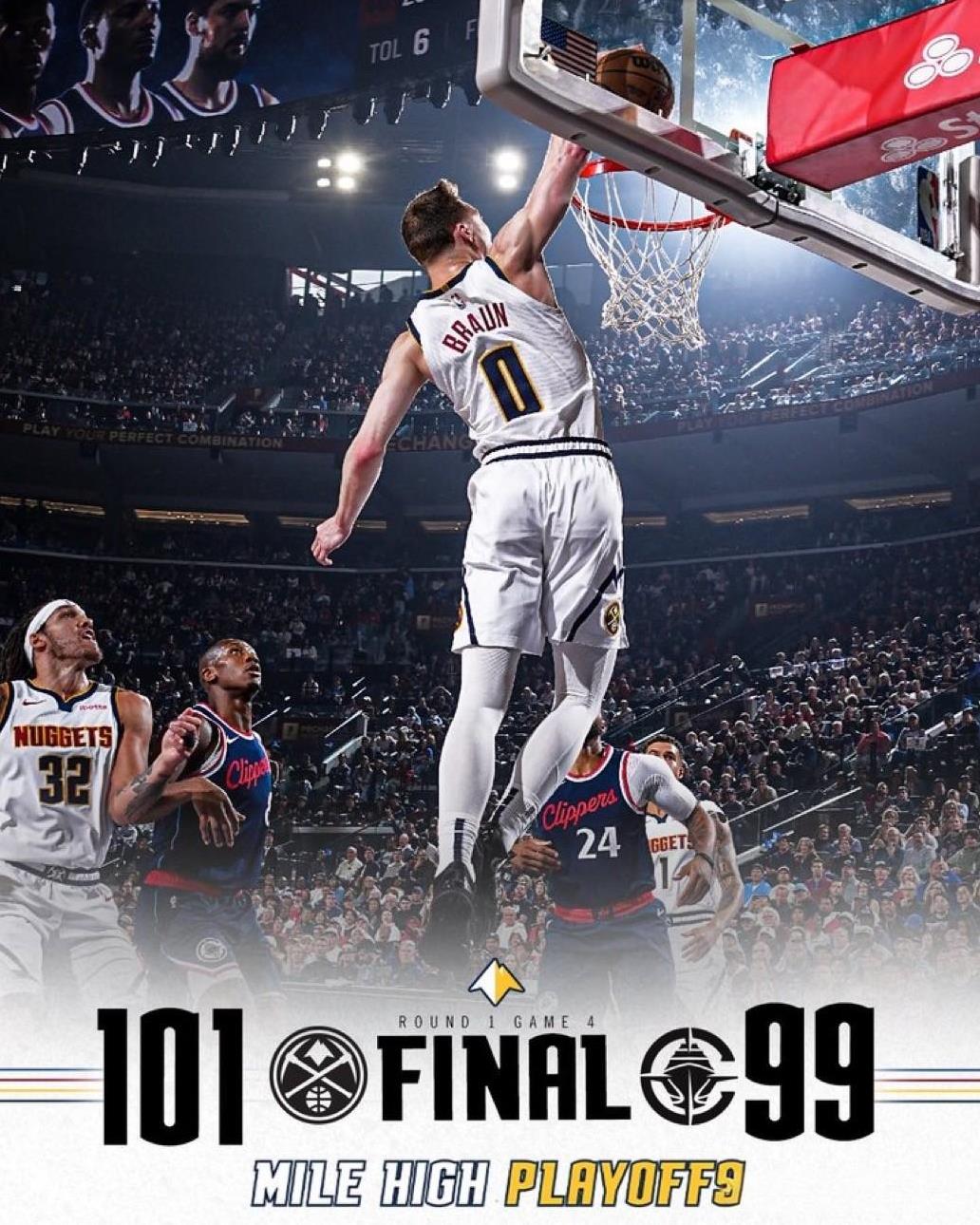 4月27日NBA季后赛战报（2场）：
掘金101-99快船（大比分2-2）
火箭