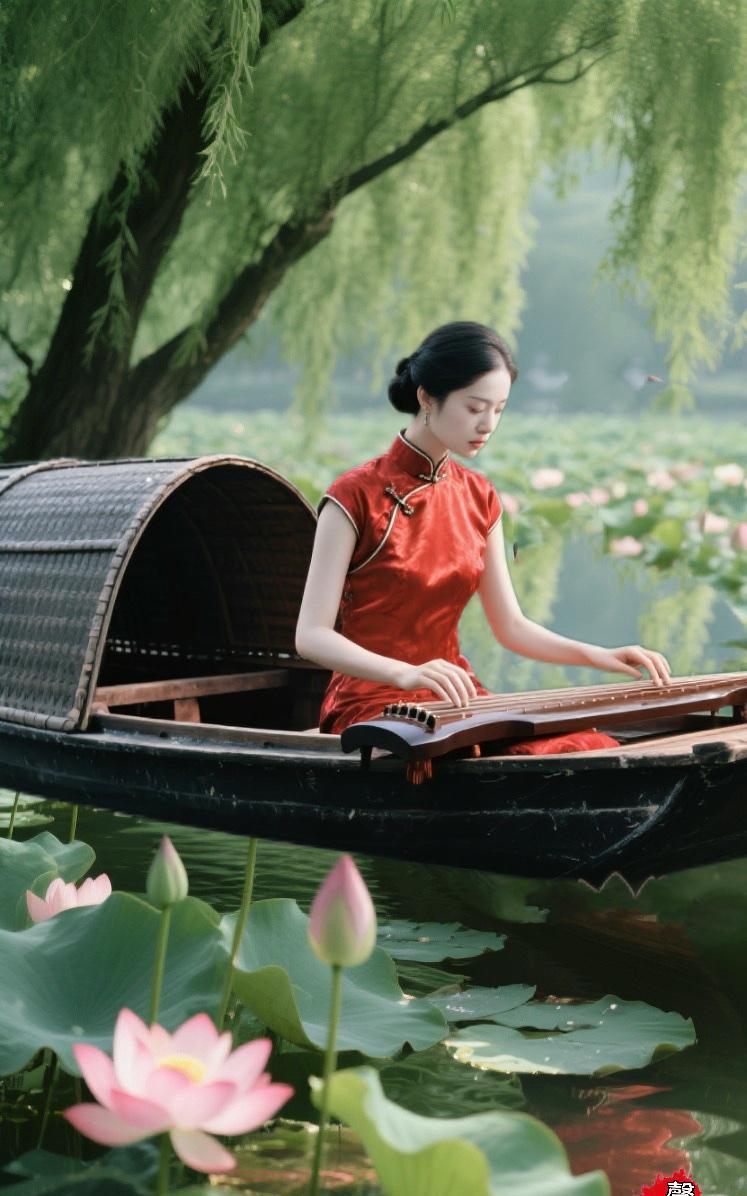 一曲乡愁
柳辫轻摇待晚风，
清波荡漾载乌篷。
扶琴浅奏乡愁惹，
…………请友续尾