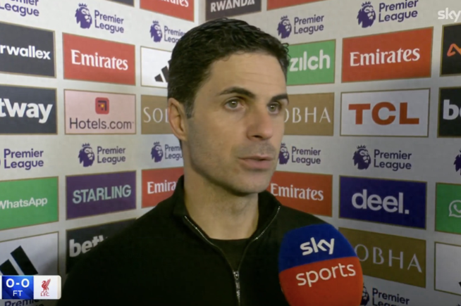 英超第21轮，阿森纳主场0-0战平利物浦，赛后，枪手主帅阿尔特塔接受了天空体育的