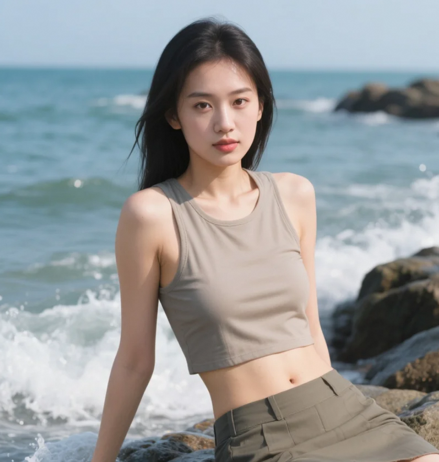 坐在礁石上的亚洲美女，聆听大海的声音