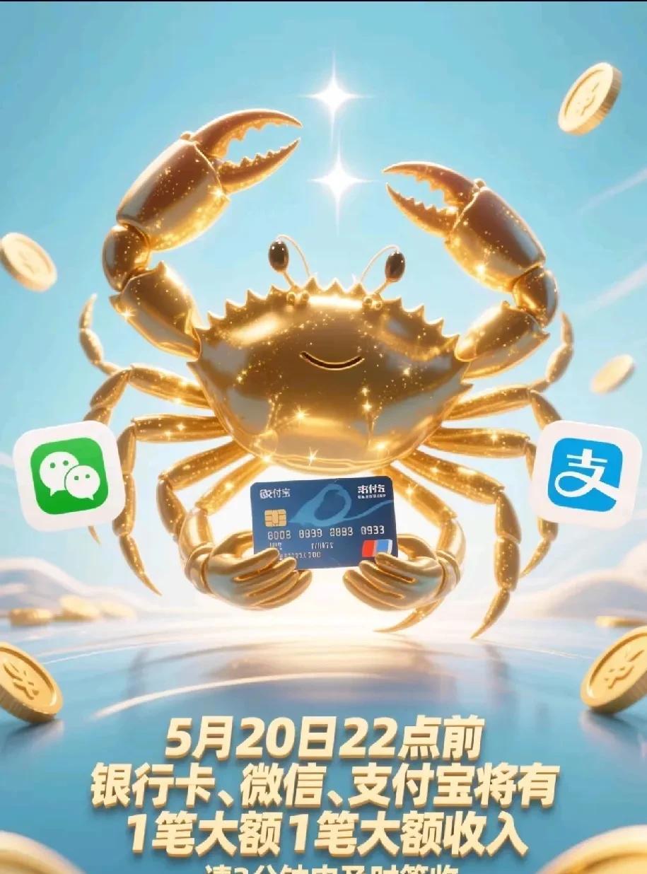 巨蟹座专属喜讯！
5月20日22点前，银行卡、微信或支付宝将迎来一笔高额入账！看