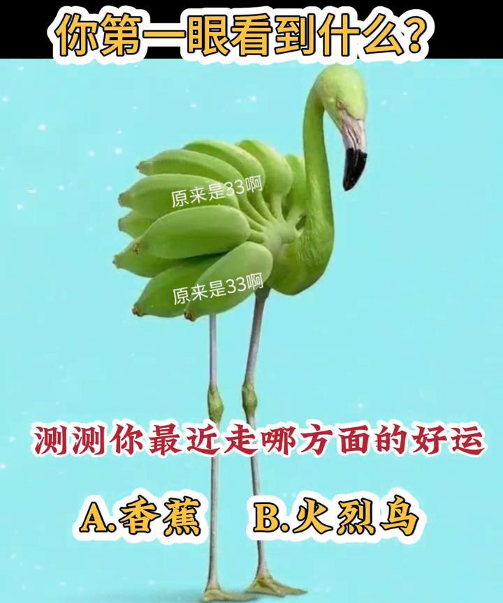 你第一眼看到什么？原来是33。测测你最近走哪方面的好运。A.香蕉；B.火烈鸟。