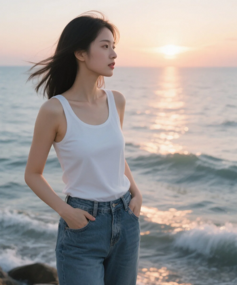 当阳光洒满海岸线，清纯少女与牛仔裤的夏日诗篇