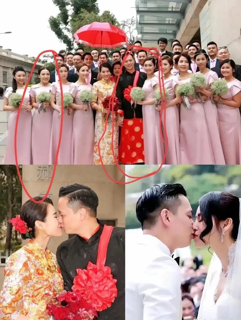 看了胡杏儿的伴娘团
其实早已见端倪
现场一共有9位伴娘，老公李乘德左拥右抱，一手