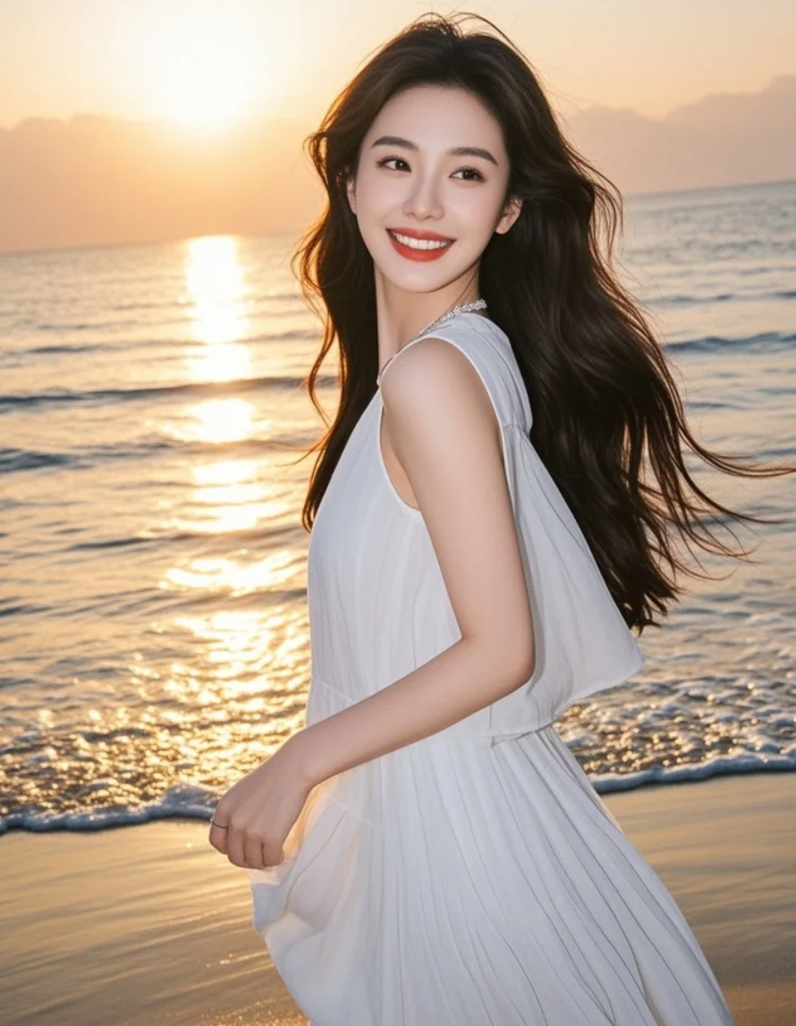 裙角与浪花共舞，定格在黄昏的尽头