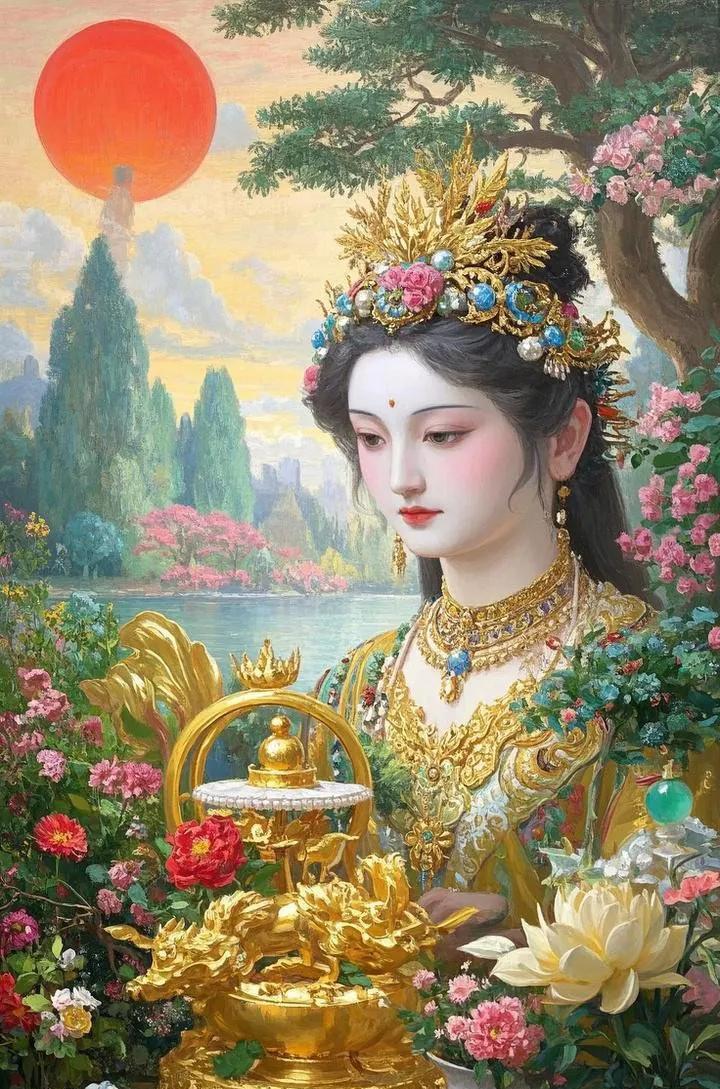 一祈女娲佑家兴，庭院深深笑语浓。老人身强体也健，岁月悠悠福运隆。
小孩伶俐又乖巧