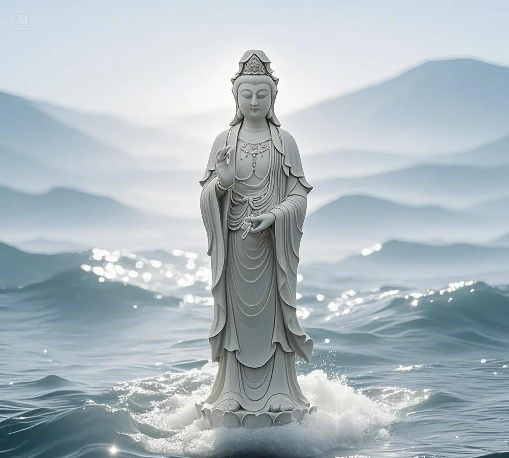 偶遇南海观世音，心中快速许个愿，十五秒内心诚虔，祈愿灵验福无边。