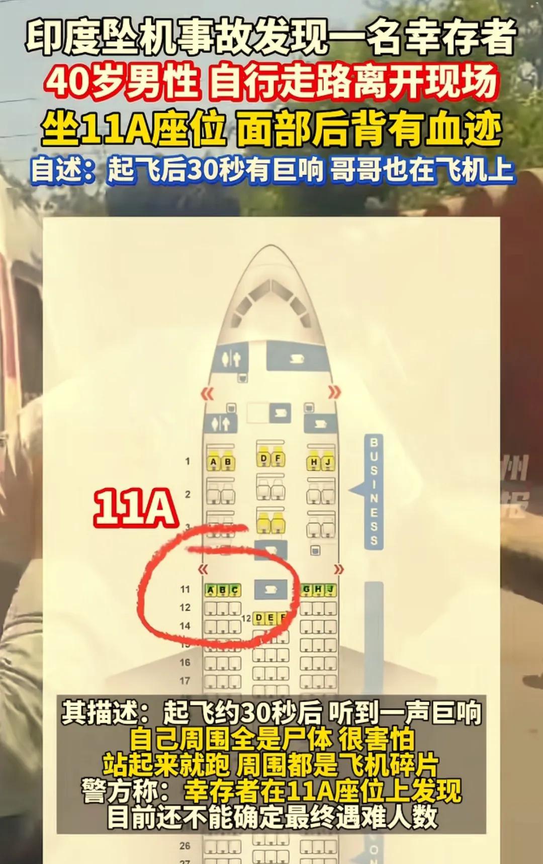 印度坠机事故惊现幸存者，11A座位成“生命奇迹点”
6月12日，印度古吉拉特邦艾