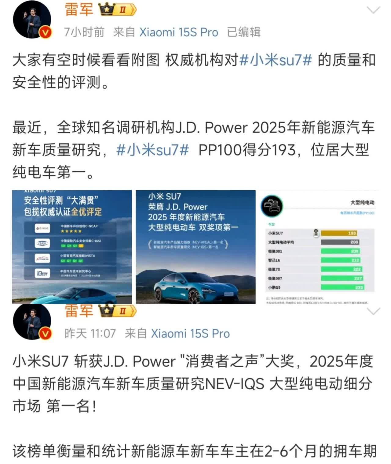 雷军这是不服气啊！

雷军已经连续两天发了一家国际权威机构对新能源汽车的测评