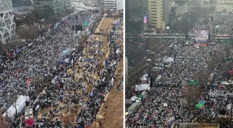 韩国尹总放出来后的画面，有人欢喜有人悲，支持者们集会欢呼，而反对者们也集会集体喊