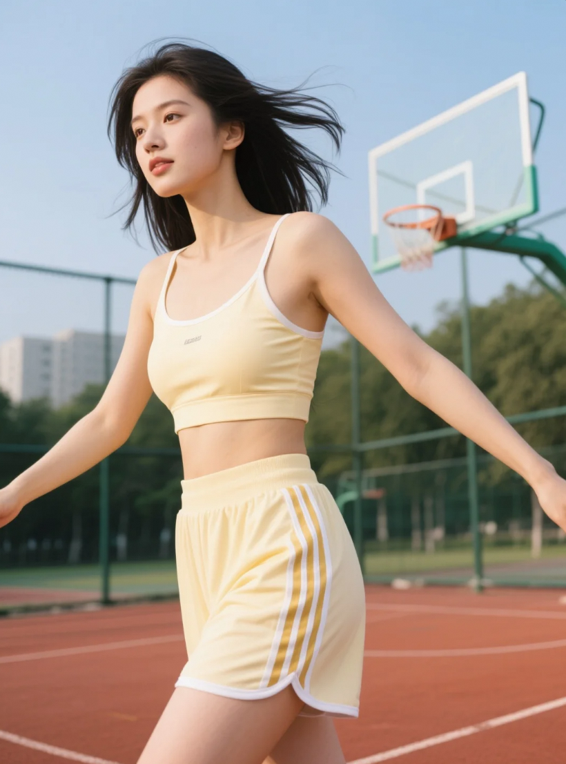 校园操场：米黄运动套装的活力瞬间