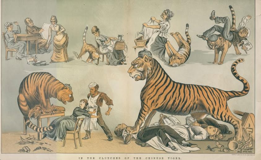 1890年代，美国法官杂志刊登有关中国人的插画，形容中国人一开始好像白人家庭的一