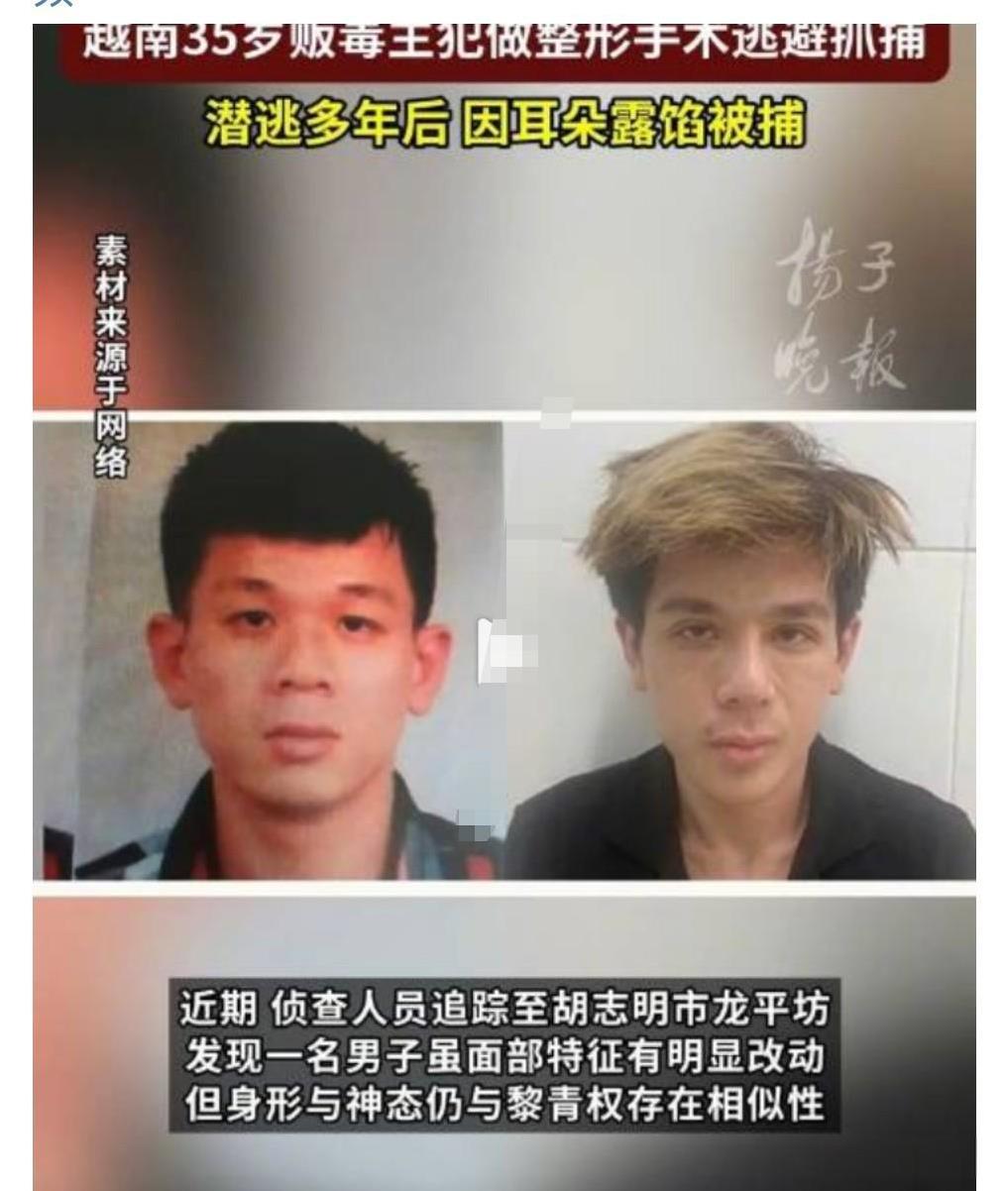 千万不要做毒犯，被抓住后果非常严重。
近日，越南毒犯整容逃亡因耳朵落网。
这正是
