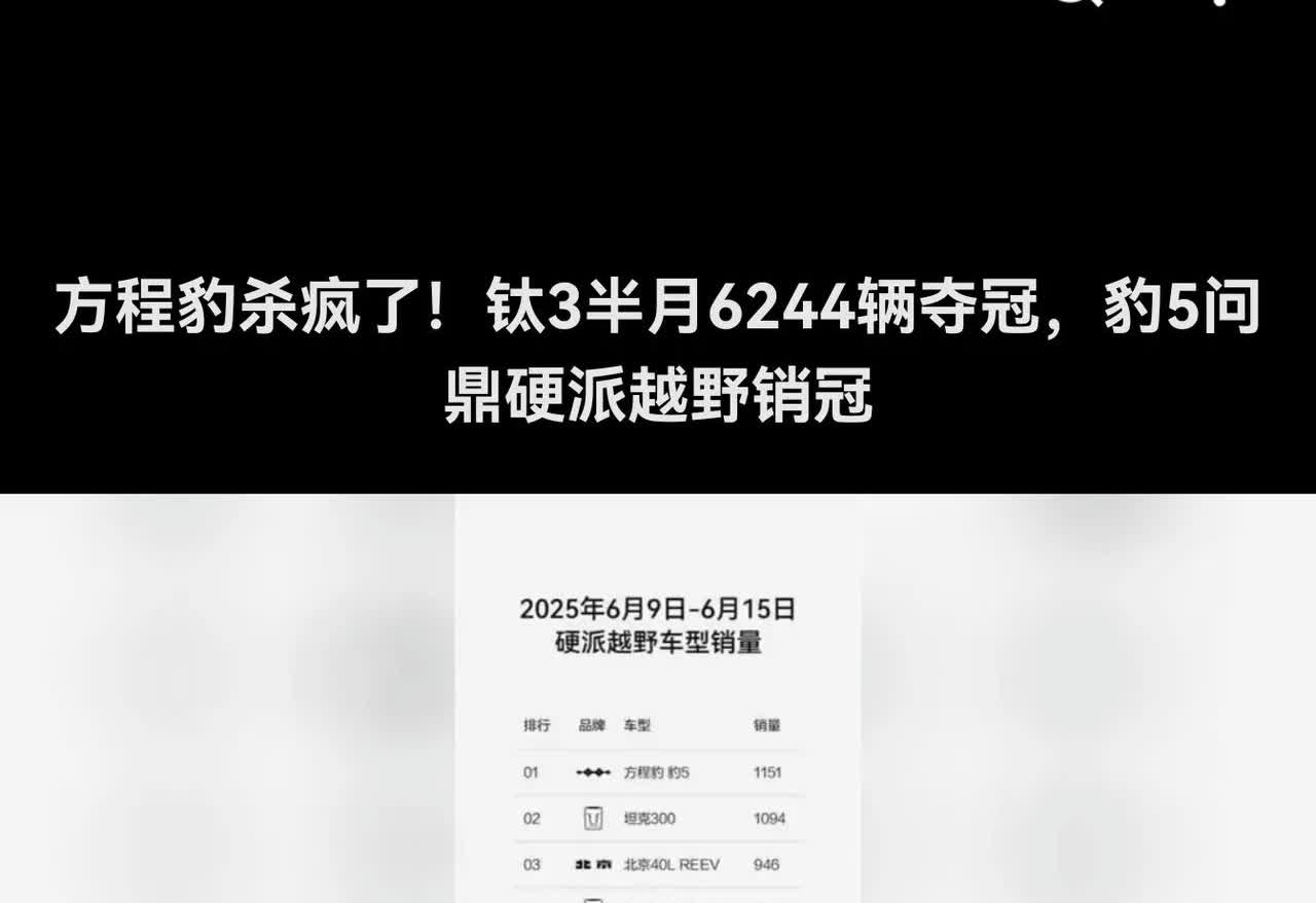 比亚迪的方程豹力压长城坦克
至长城与比亚迪较量以来，比亚迪方程豹5销量首次超过