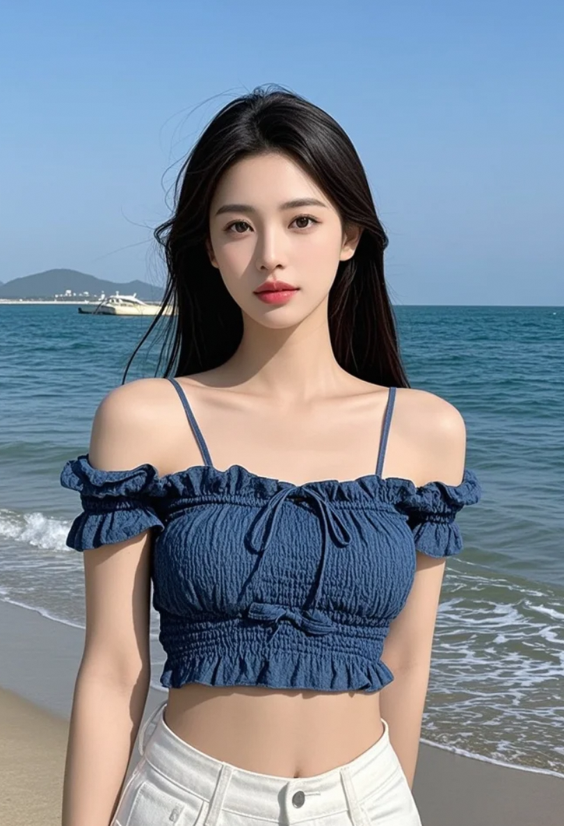 海浪轻语，她侧耳倾听——那是大海写给她的情书。